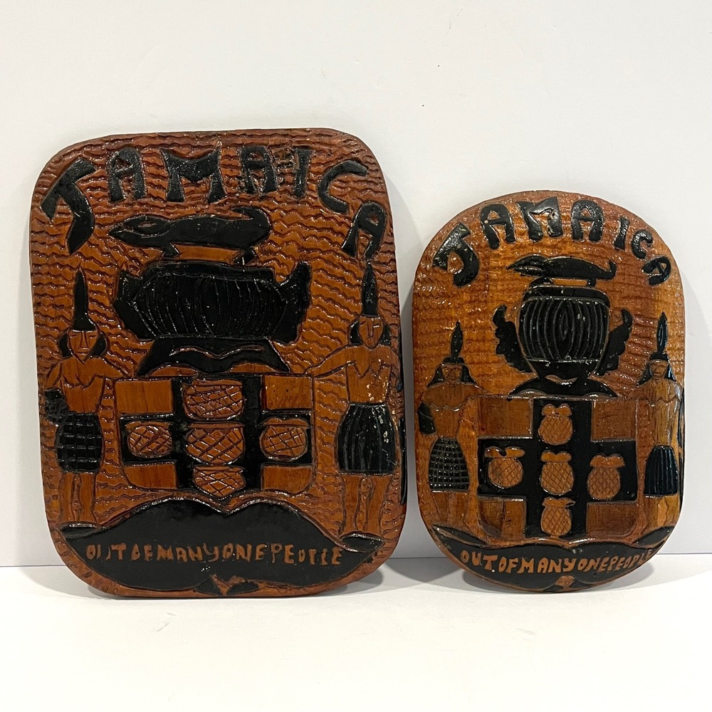 Vintage Jamaica Coat of Arms Hand Carved Wood Wall Plaque Set of 2 Folk Art